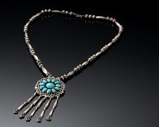 Zuni Lee & Mary Weebothee Silver & Turquoise Cluster Pendadnt/Brooch Necklace Native American 	425006	Pendant: 50mm Diameter Length: 4in Necklace: 25.5in Long 