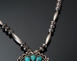 Zuni Lee & Mary Weebothee Silver & Turquoise Cluster Pendadnt/Brooch Necklace Native American 	425006	Pendant: 50mm Diameter Length: 4in Necklace: 25.5in Long 