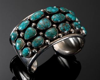 Navajo WaterWeb Turquoise & Silver 3 Row Stone Cuff Bracelet Chunky Vintage Native American Pawn 	425003	Size: 6.25in <BR> Width: 39mm