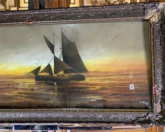 Original Art Seascape Sailboat George Hobbs Pastel	777715	Frame: 16x34in