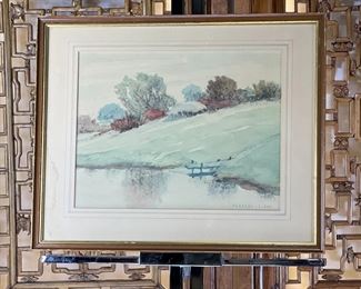 Original Art Herbert J Day Pond Landscape Scene Watercolor Charcoal Painting	777709	Frame: 17x21in<BR>Image: 11.5x15in
