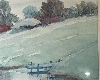 Original Art Herbert J Day Pond Landscape Scene Watercolor Charcoal Painting	777709	Frame: 17x21in<BR>Image: 11.5x15in