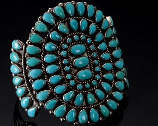 Zuni Turquoise & Silver Petit Point Cluster Cuff Bracelet Native American 	425002	Size: 6.35in<BR>Centerpiece: 2.6x 2.12in