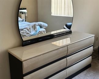 "Postmodern Millennium Faux Goatskin & Black Lacquer Dresser With Mirror by Ashley Furniture
"	417005	29x67x16in Mirror: 40x48in
