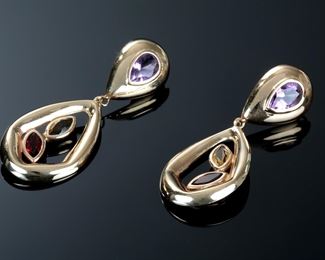 14k Gold Dangle Earrings Amethyst Garnet & Citrine 	331357