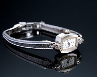 14k White Gold 7 Diamond Ladies Hamilton Wrist Watch 761 22 Jewels	331364