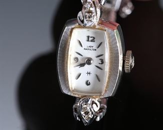14k White Gold 7 Diamond Ladies Hamilton Wrist Watch 761 22 Jewels	331364