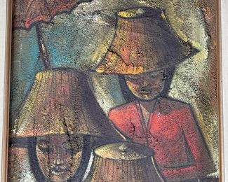 Original Art Anek Sunanont Thailand Villagers Stucco Painting	777731	Frame: 29.15x18in<BR>Image: 21.5x10.25in