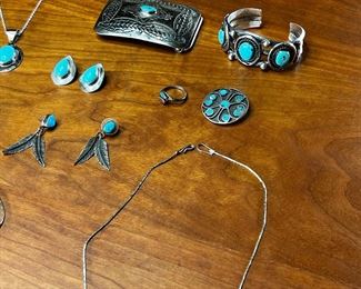 Lot of 11 Native American Jewelry Silver & Turquoise, Coral Earrings Bracelets Pendants Belt Buckles 	244046	11 pieces 