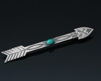 Navajo Coin Silver & Turquoise  Long Arrow Pin Brooch Stamp Work Native American TH	425020	4in Long 