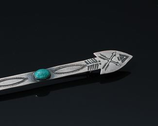 Navajo Coin Silver & Turquoise  Long Arrow Pin Brooch Stamp Work Native American TH	425020	4in Long 