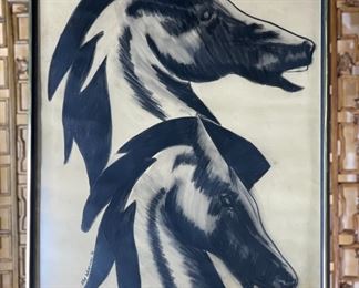 Original Art Kay Williams 1966 Charcoal Sketch Painting   Etruscan Horses	777706	Frame: 26.5x20.75in