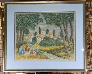 Signed Numbered Litho Pointillism Picnic Print	777719	Frame: 26x30.25in<BR>Image: 18x22.25in