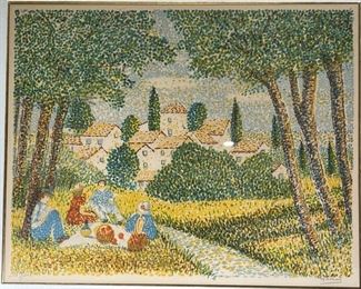 Signed Numbered Litho Pointillism Picnic Print	777719	Frame: 26x30.25in<BR>Image: 18x22.25in