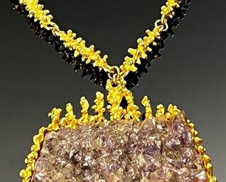 Kenneth Lane Chunky Necklace Faux Amethyst Gold Tone 	244040	22.5in Long <BR>Centerpiece: 73x82mm