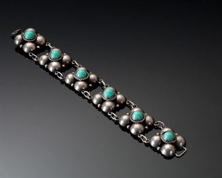 Vintage Mexican Silver & Turquoise Puff Panel Braclet 	425005	Size: 6.25in <BR> Width: 42mm