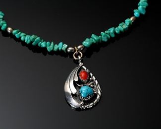 I Yazzie Navajo Silver Chunk Turquoise Choker Necklace Coral Pendant Native American 