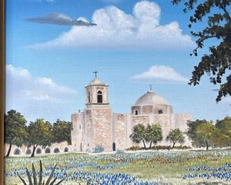 Original Art Raul Cruz Mission Church Painting	777701	Frame: 20.25x24.25in<BR>Canvas: 14x18in
