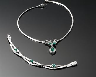 "Sterling Silver Green Marquise Stone Accented Rhinestone Choker Necklace & Bracelet 
"	331433