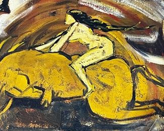 Original art Oil Painting Woman on Bull Signed 	333369	12.5x16x0.5in