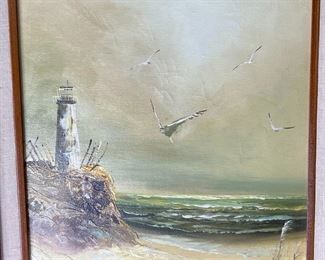 Original Art Oil Painting Holland Beach Lighthouse Scene	777722	Frame: 31x19.25in<BR>23.25x11.25in