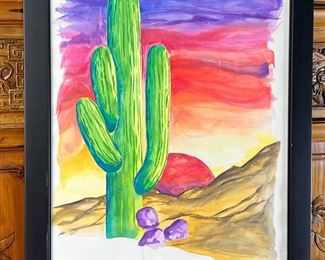 Framed Watercolor of Cactus and Desert Landscape Artist Signed 	418052	27.5x21x1