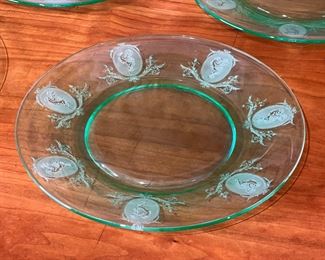 11pc Etched Antique green Glass Plates 8in 	333360	8.25in diameter 
