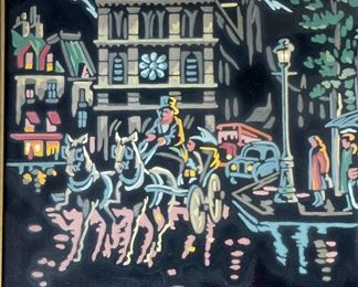 Original Art Neon Stenciled Street scene Horse Drawn Carriage Unsigned	777750	Frame: 18x22in<BR>Image: 15.25x19.25in