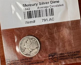 Lot of 2 1942 & 1944 Mercury Silver Dime Coins  90% Silver 	331342
