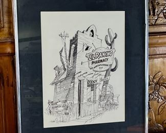 Framed Drawing Titled El Rancho Pharmacy Artist Signed 	418051	20x16x1