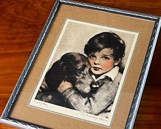 Vintage Framed Print of Boy & Dog Titled 'Sympathy' by J. Knowles Hare Colored Etching 	333364	Frame 12.75x9.75x0.5in