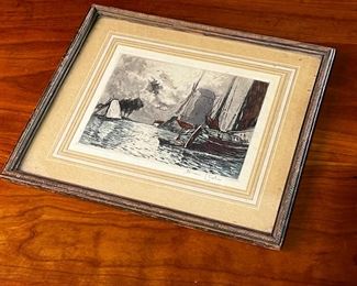 Heran Chaban French Colored Etching Boat Harbor Windmill Vintage Framed Art	333366	Frame 10.75x12.75x0.5in