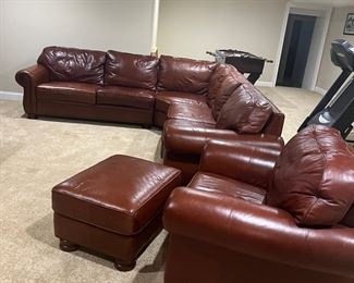 THOMASVILLE sectional including Chair and Ottoman  
Sectional 114” each side 
38” high in back 
3 pieces 
Chair 44” x 36”
Ottoman 29” x 24” x 18”H
