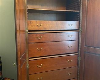 F13 - $550. Measures 23” wide x 42” wide x 86” tall. Wright Table Company. Drawers and shelves are adjustable. Gorgeous solid wood piece. Will need 2 strong people to move. 