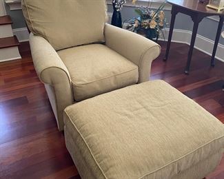 F17 $225. Rowe Furniture chair and ottoman. Measures 36” wide x 39” deep. Floor to seat is 19”. Floor to back is 31”. Ottoman measures 24” x 29” x 18” tall.