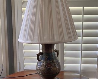 L6 - $60. Brass cloisonne enamel lamp. Measures 28.5” tall.