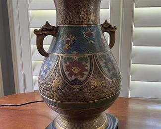 L6 - $60. Brass cloisonne enamel lamp. Measures 28.5” tall.