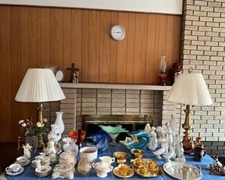 BRASS LAMPS, MURANO GLASS, TEA SET, LLADROS & NAO FIGURINES