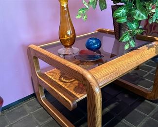 MCM LOU HODGES Oak End Table with Smoked Glass