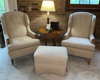 Custom, matching, wing back chairs, matching ottoman, octagon drop leaf table