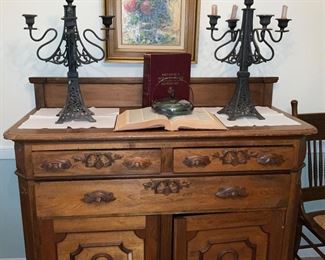 Antique, sideboard, cast iron candelabras, oil painting