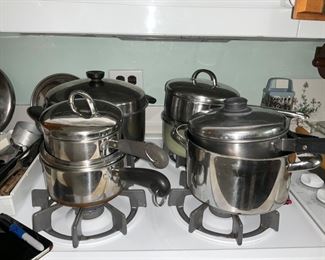 Pots, pans,  copper bottom, Revereware