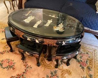 BLACK LACQUER CHINESE TABLE AND BENCHES 