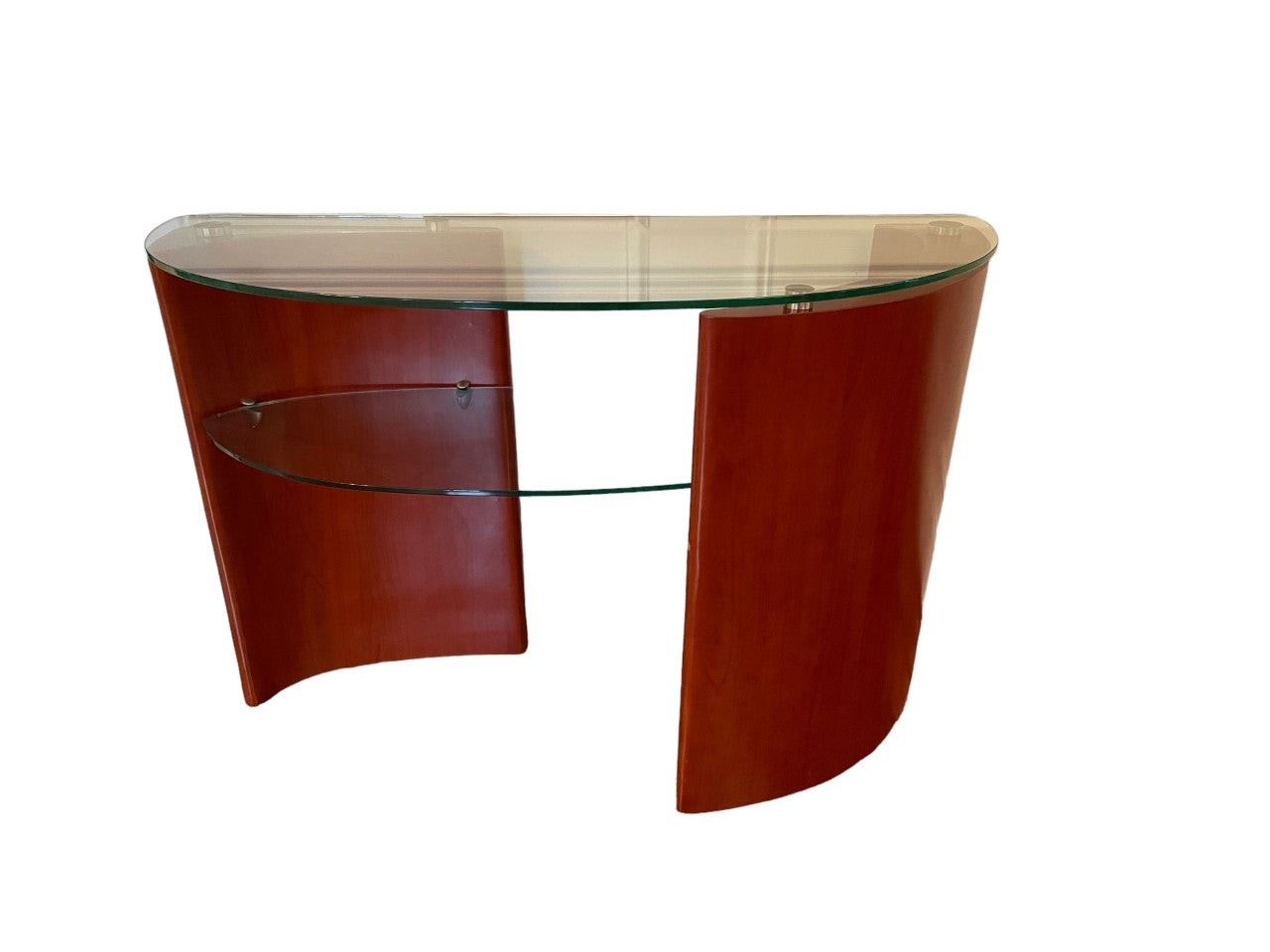 $400 USD     Vladimir Kagan Style Mid Century Wood/Glass Wave Console Table SB183-6      Description: Sinuous curves define this sculptural table.  Perfect for setting drinks, a favorite magazine, or an eye-catching floral display, this console table is a must-have. Its demilune glass top and lower-tier offer a spot to set decor, books or magazines.
Dimensions: 45 x 18 x 29.25"H
Condition: Very good condition
Local pick up Chevy Chase, MD.  Located on first floor.  Contact us for shipper suggestions.      https://goodbyhello.com/products/mid-century-wood-glass-wave-console-entry-table-sb183-6?_pos=40&_sid=32be479f3&_ss=r