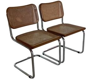 $1000 USD     Vintage Pair Mid Century Cesca B32 Marcel Breuer Cane Chairs SB183-26     Description: The Cesca chair has a cantilevered stainless chrome design that is perfect for casual dining spaces. The perfectly balanced chrome tube frame provides sturdy support for the woven rattan seat. A durable beech veneered frame surrounds the woven rattan back and seat. Cesca chair is made to provide design lovers with an affordable alternative without sacrificing quality.

Dimensions: 18.5 x 21 x 32"H

Condition: Very good vintage condition

Local pick up Chevy Chase, MD.  Located on second floor.  Contact us for shipper suggestions.     https://goodbyhello.com/products/sb183-26?_pos=38&_sid=32be479f3&_ss=r