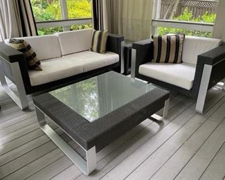 $750 USD     Pursonic 5 Piece Outdoor Furniture Set SB183-10     Description: This set offers a style that is fresh, modern, sturdy in material, and an ultimate luxury for outdoor living. The combination of aluminum and resin wicker puts you in an environment that can make you feel lost at sea. The seat cushions are designed to resist the elements and maintain its beauty through years of use as they are waterproof and stain resistance. What's more, the table features a tempered glass top. It is perfect for the poolside, deck or patio, these cushioned seats will let you and your guests sit back, relax and enjoy the great outdoors!

Dimensions:

Coffee Table: 43 x 36 x 15

Couch: 71 x 35 x 28

Settee: 43 x 36 x 28

2 End Tables 20 x 20 x 21

Condition: Very good condition

Local pick up Chevy Chase, MD.  Located on first floor.  Contact us for shipper suggestions.      https://goodbyhello.com/products/5-piece-outdoor-furniture-set-sb183-10?_pos=11&_sid=cf2c4dc20&_ss=r