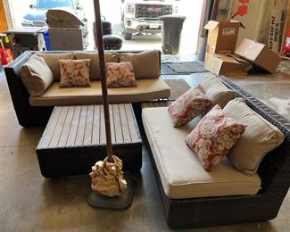 Outdoor sofa, love seat and table
Umbrella sold separately