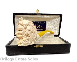 Vintage Estate Douglas Universal's Sir Carved Meerschaum Bacchus Pipe In Presentation Box