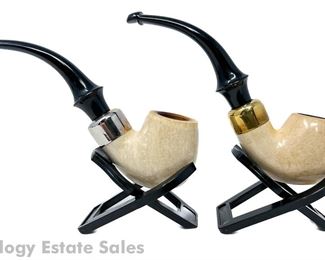 Two Thompson Meerschaum Bent Estate Pipes Gold Toned Bands