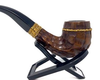 Hand Carved Bent Billiard Estate Pipe Gold Tone Bands